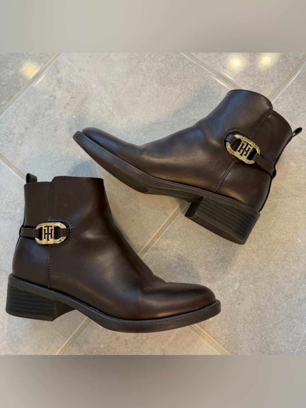 Tommy Hilfiger Dark Brown Leather Ankle Booties with Gold Logo